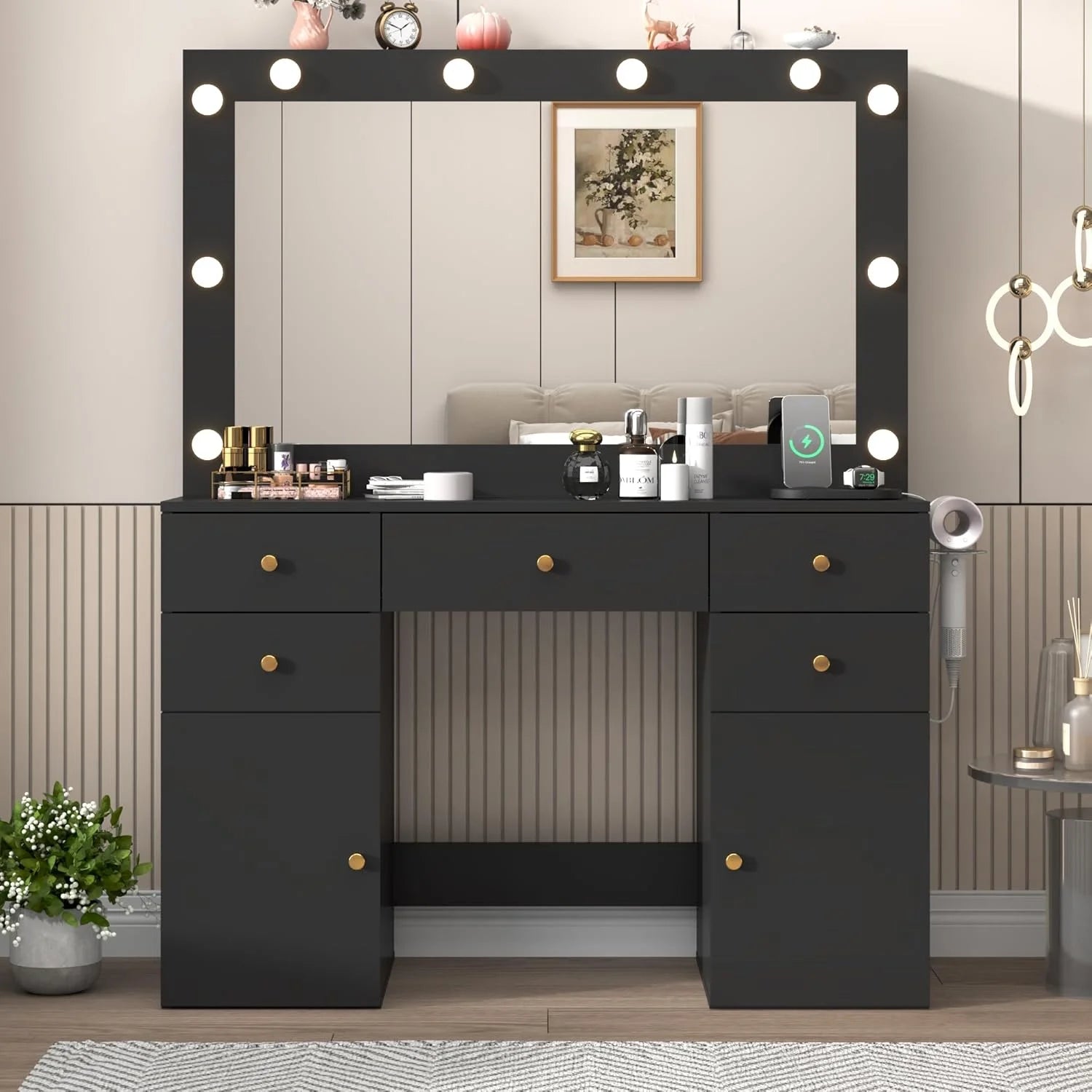 Black Vanity Desk with Large Lighted Mirror & Power Outlet, Makeup Vanity Table with Glass Top & Drawers, Sliding Storage, 44.1" Large Makeup Vanity Table for Women Girls, Black