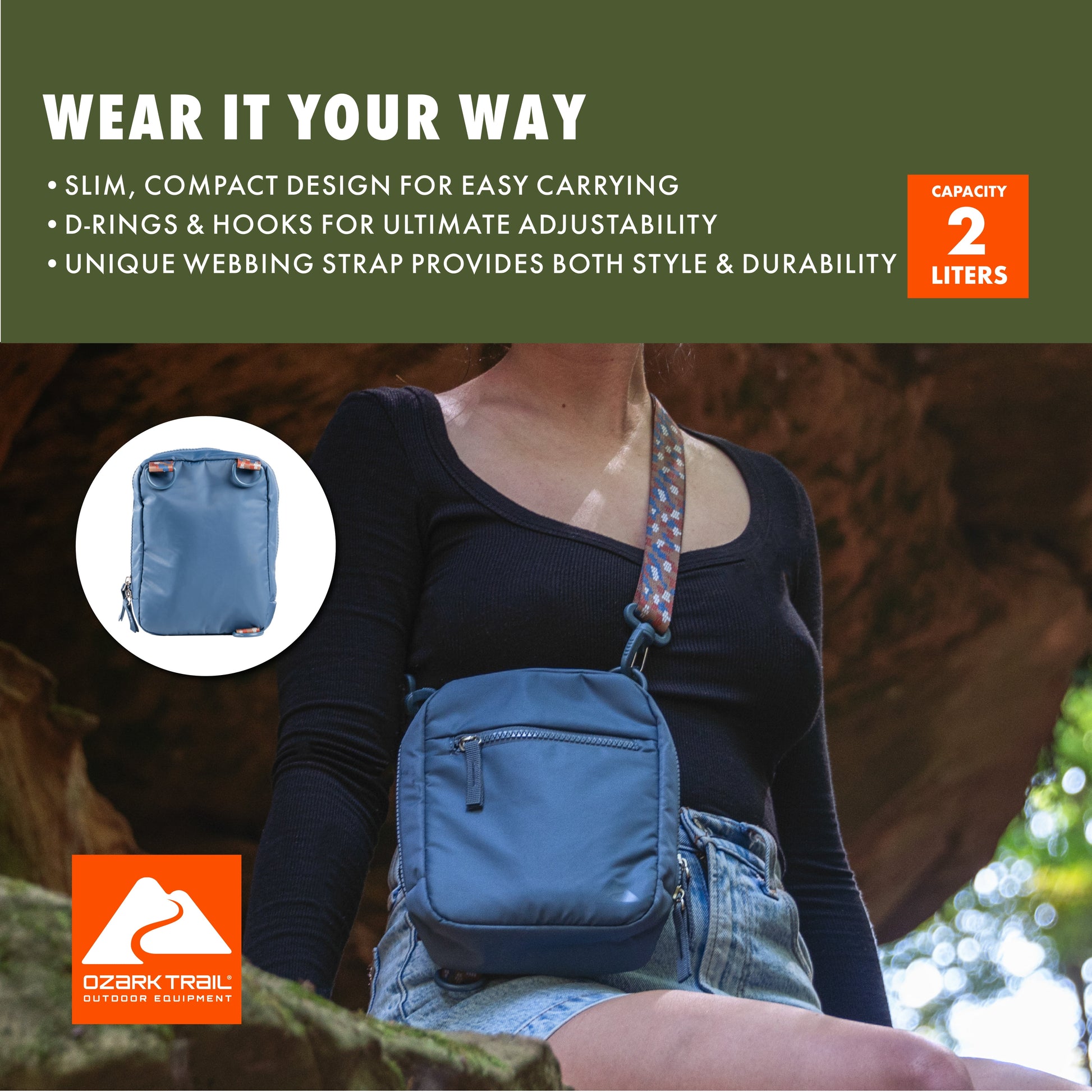 Ozark Trail Santa Ana 2 Ltr Unisex Crossbody Bag for Adults and Teens, Blue