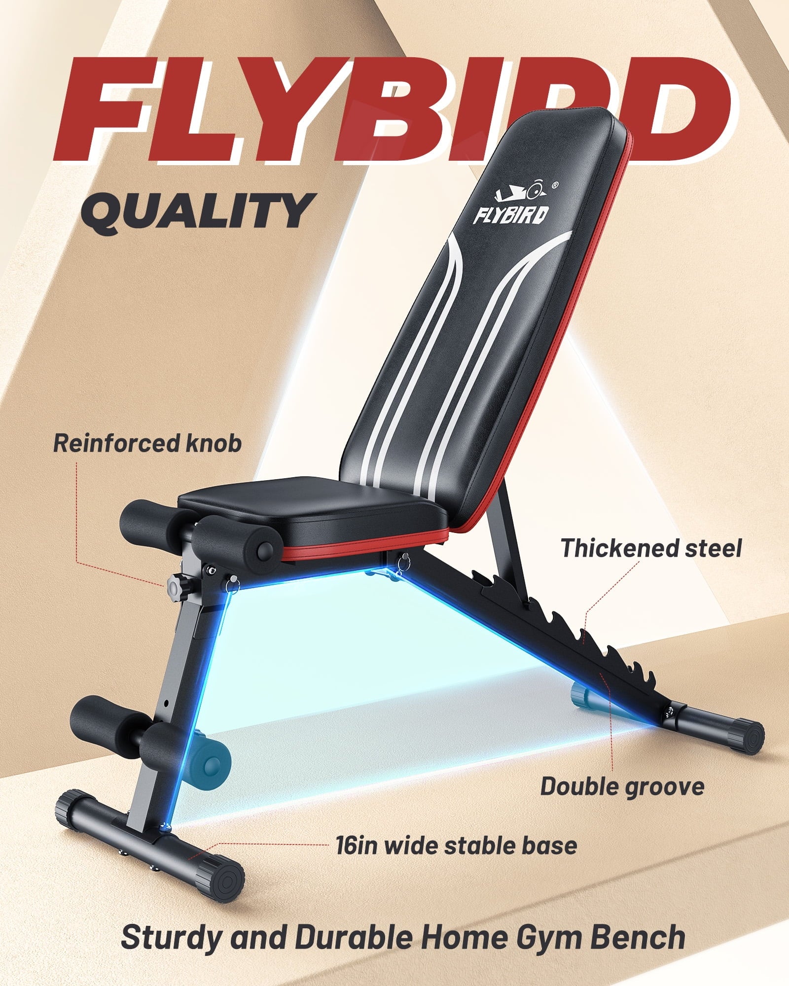 Flybird Adjustable Folding Weight Bench for Home Gym, Includes Resistance Bands