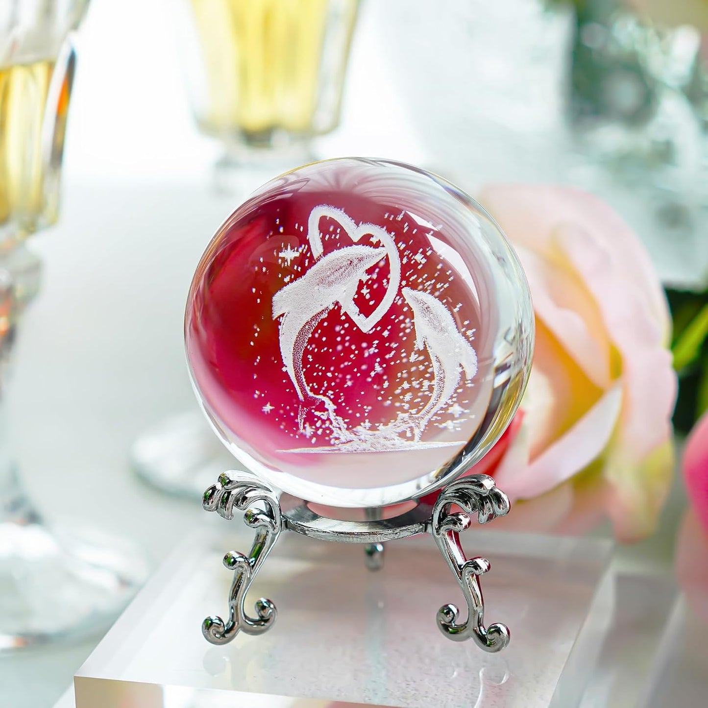HDCRYSTALGIFTS3D Dolphin Crystal Ball Paperweight Figurines- Dolphin Gifts 60Mm Crystal Ball with Stand, Christmas, Valentine'S Day,Birthday Gift