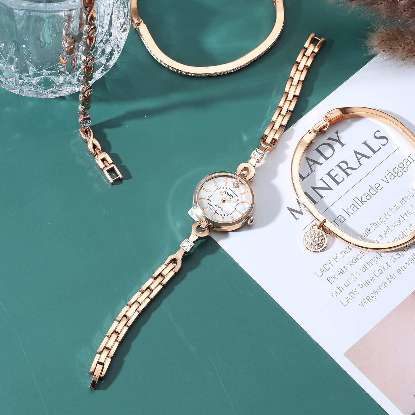 Clastyle Rose Gold Watch and Bracelets Set with 3 Bangle Elegant Mothers Day Gift for Momdiamond Women Bracelet Watch Set Stainless Steel Strap Ladies Wrist Watches