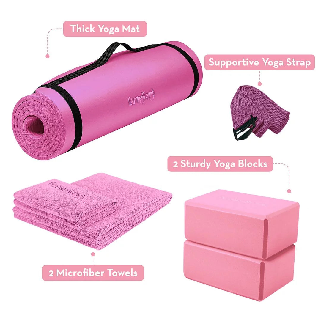 Hemingweigh Polyester 72" Assembled Length Yoga Mat with Non-Slip Blocks, Strap, Towels, Pink