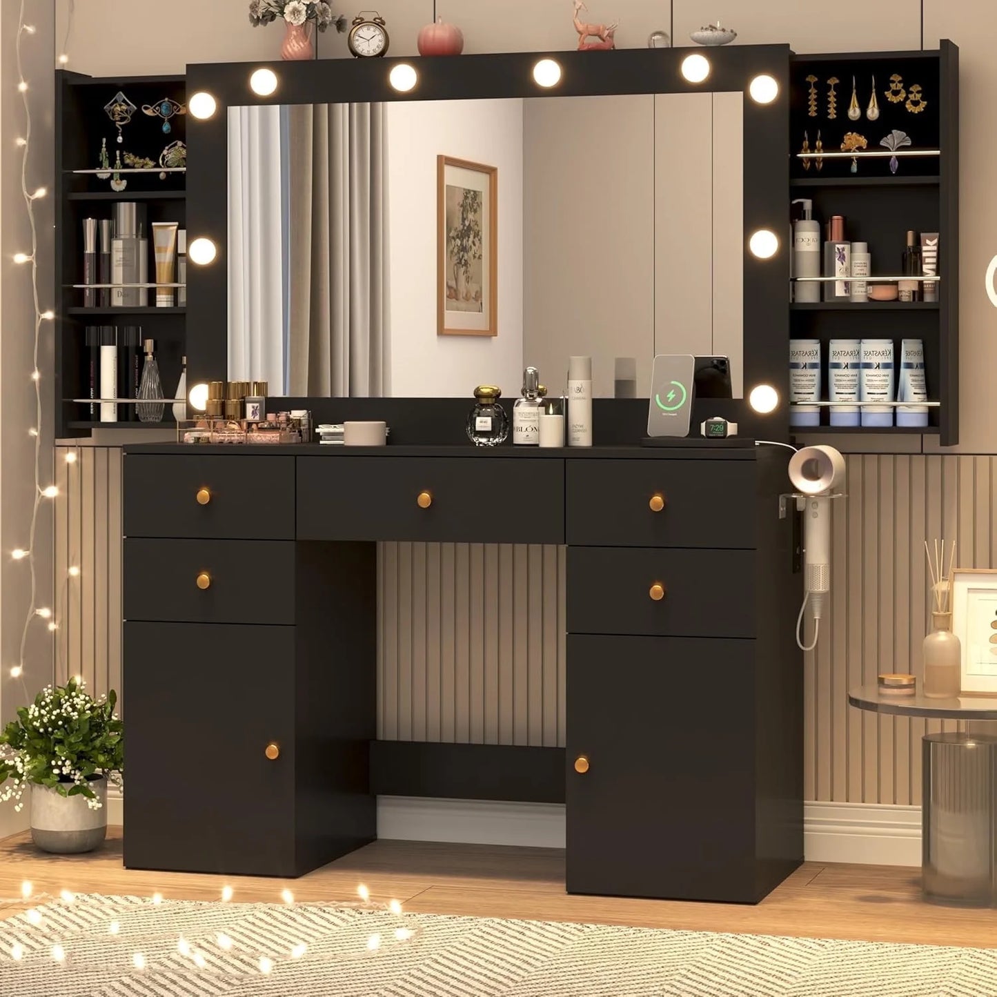 Black Vanity Desk with Large Lighted Mirror & Power Outlet, Makeup Vanity Table with Glass Top & Drawers, Sliding Storage, 44.1" Large Makeup Vanity Table for Women Girls, Black