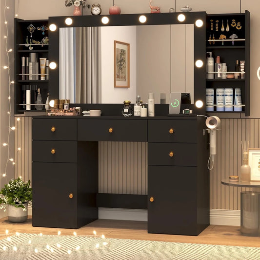 Black Vanity Desk with Large Lighted Mirror & Power Outlet, Makeup Vanity Table with Glass Top & Drawers, Sliding Storage, 44.1" Large Makeup Vanity Table for Women Girls, Black