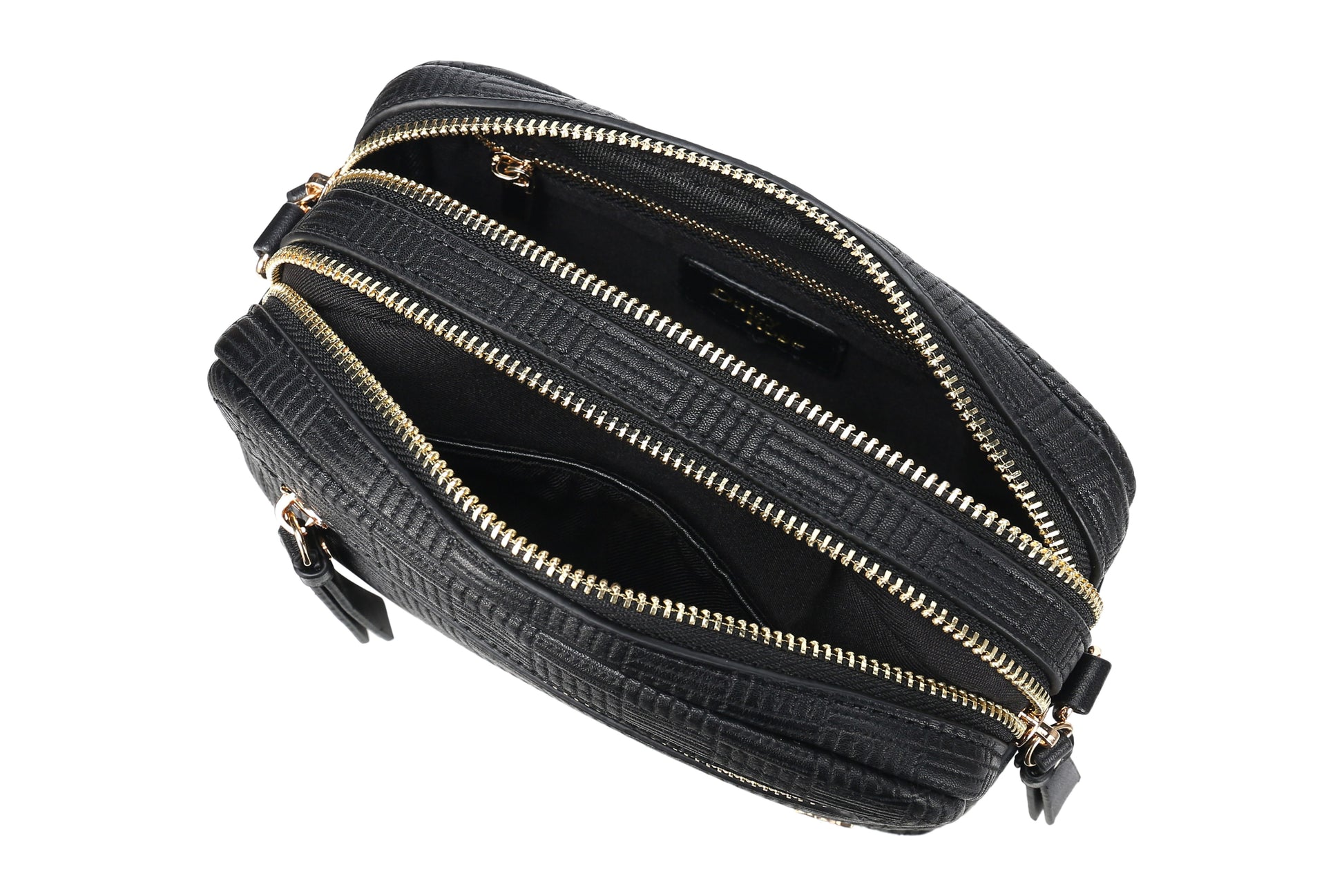 Dual Zipper Cross Body Shoulder Bag - PU Vegan Leather - Black Check