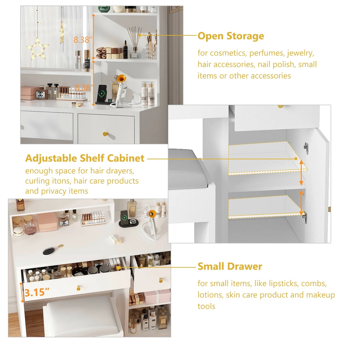 White Vanity Desk Set with LED Light Mirror & Power Outlet, Makeup Table with 3 Shelves & 2 Drawers & 3 Level Adjustable Cabinet & Makeup Vanity Stool for Women, Girls(White-37")