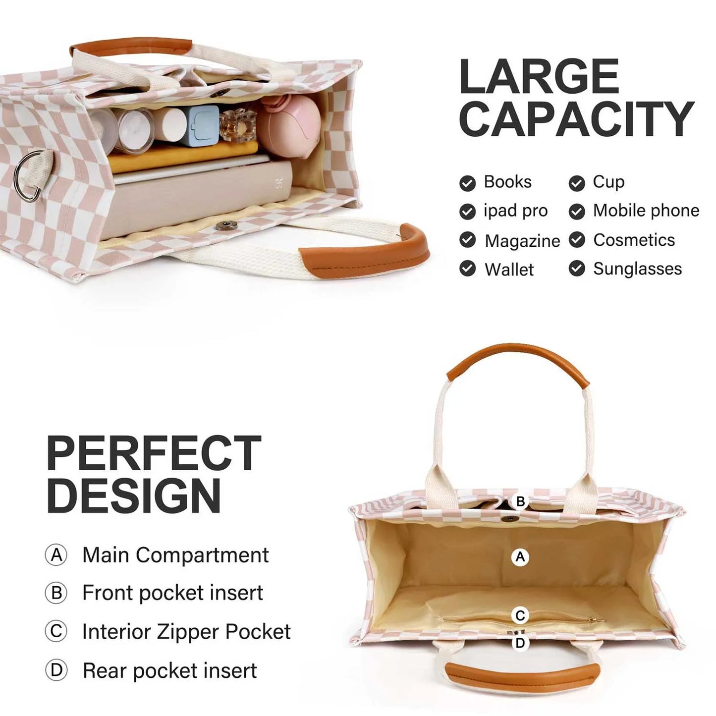 Gocvo Canvas Tote Bag for Women, Large Multi-Pocket Shoulder Handbag, Crossbody Messenger Bag, Khaki Plaid