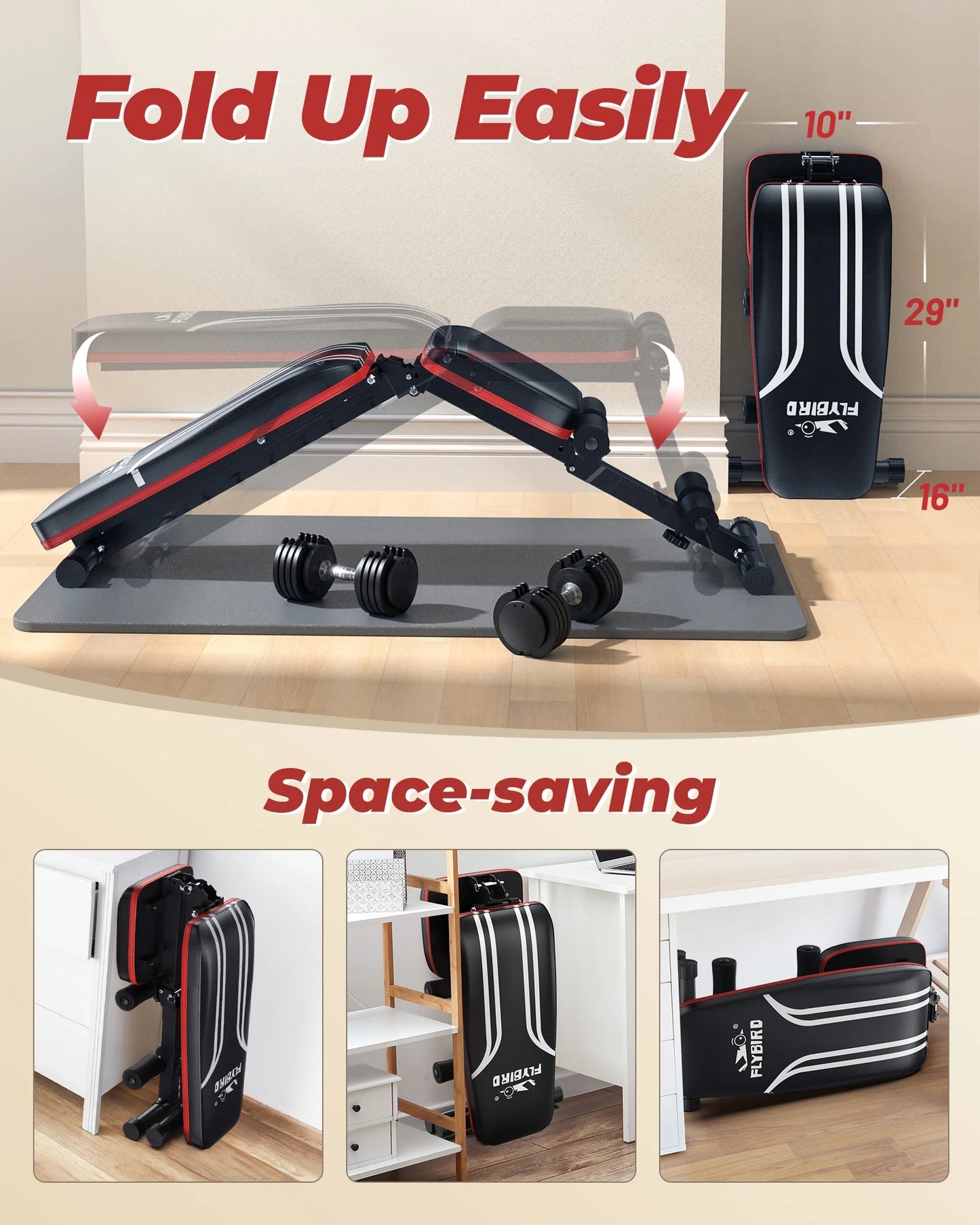 Flybird Adjustable Folding Weight Bench for Home Gym, Includes Resistance Bands