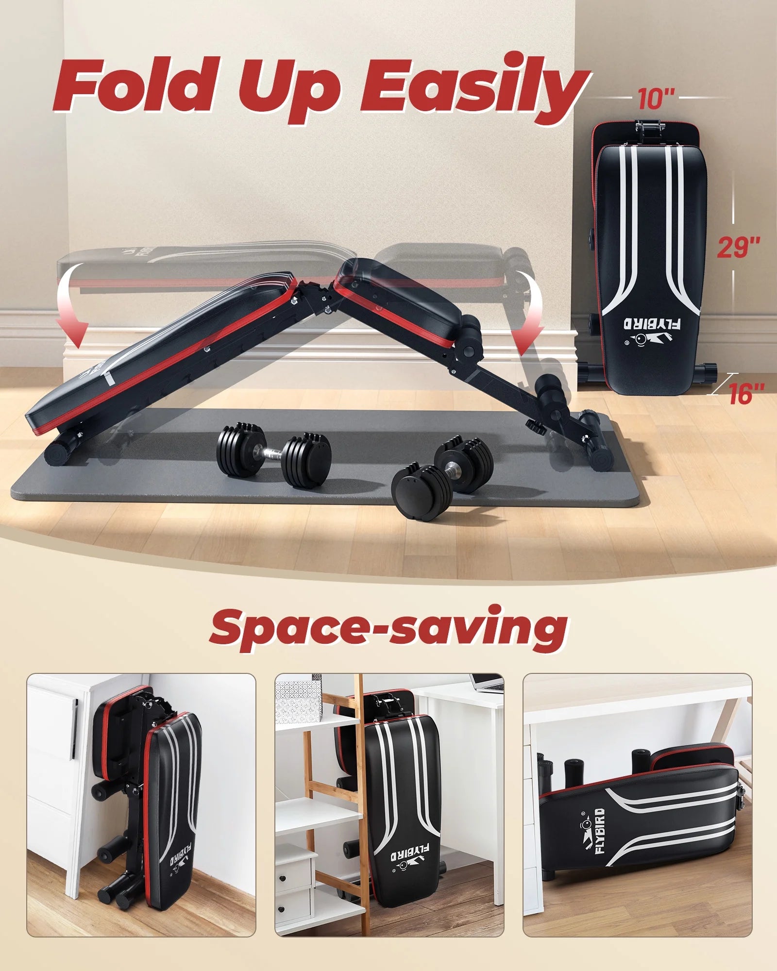 Flybird Adjustable Folding Weight Bench for Home Gym, Includes Resistance Bands