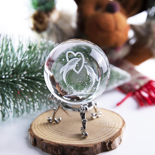 HDCRYSTALGIFTS3D Dolphin Crystal Ball Paperweight Figurines- Dolphin Gifts 60Mm Crystal Ball with Stand, Christmas, Valentine'S Day,Birthday Gift