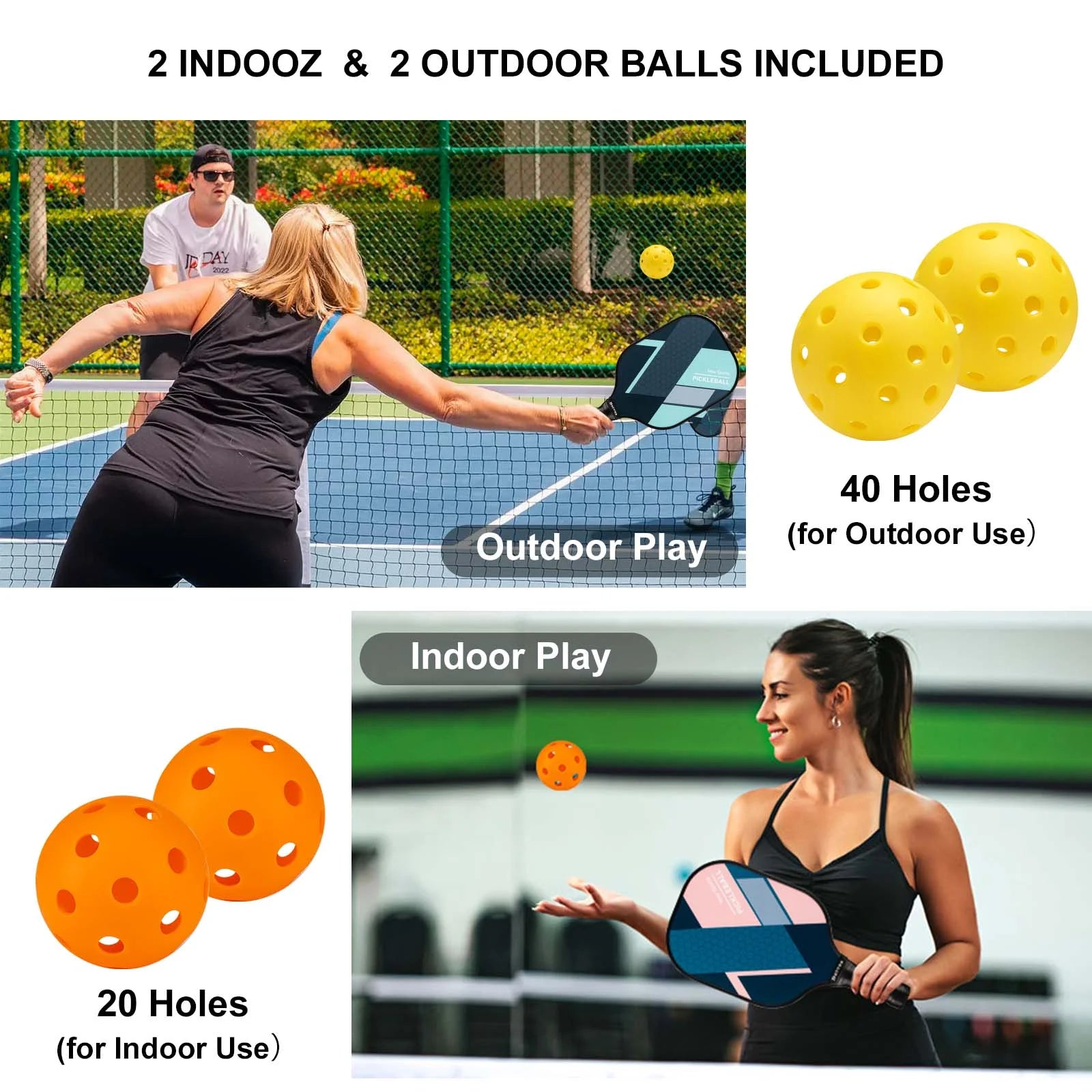 BEIVES Pickleball Paddles Set of 4 with 4 Balls & Carry Bag - Lightweight 7.9Oz Fiberglass Racket, Non-Slip Comfort Grip, for Men & Women