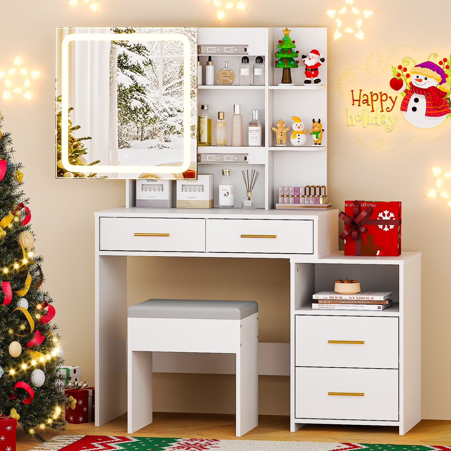 Lighted Makeup Vanity Table Set, Dressing Table with Sliding Mirror, Vanity Desk , White