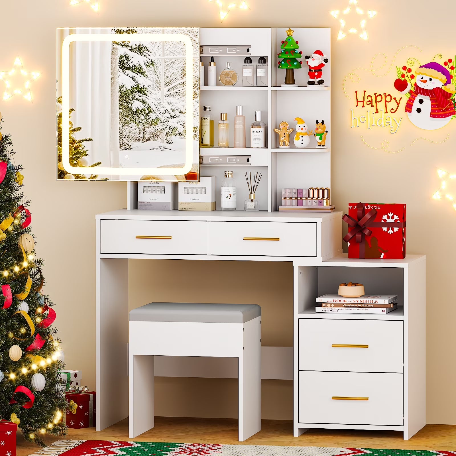 Lighted Makeup Vanity Table Set, Dressing Table with Sliding Mirror, Vanity Desk , White