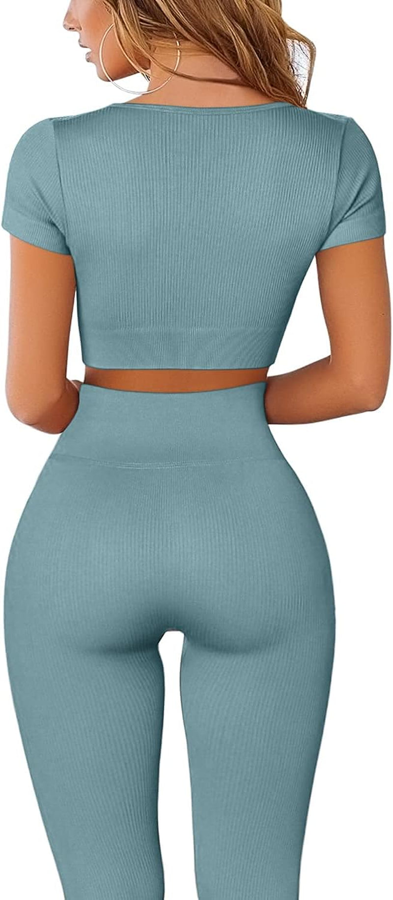 Mulisky Workout Outfits for Women 2 Piece Ribbed Seamless High Waist Yoga Pants Set Blue L