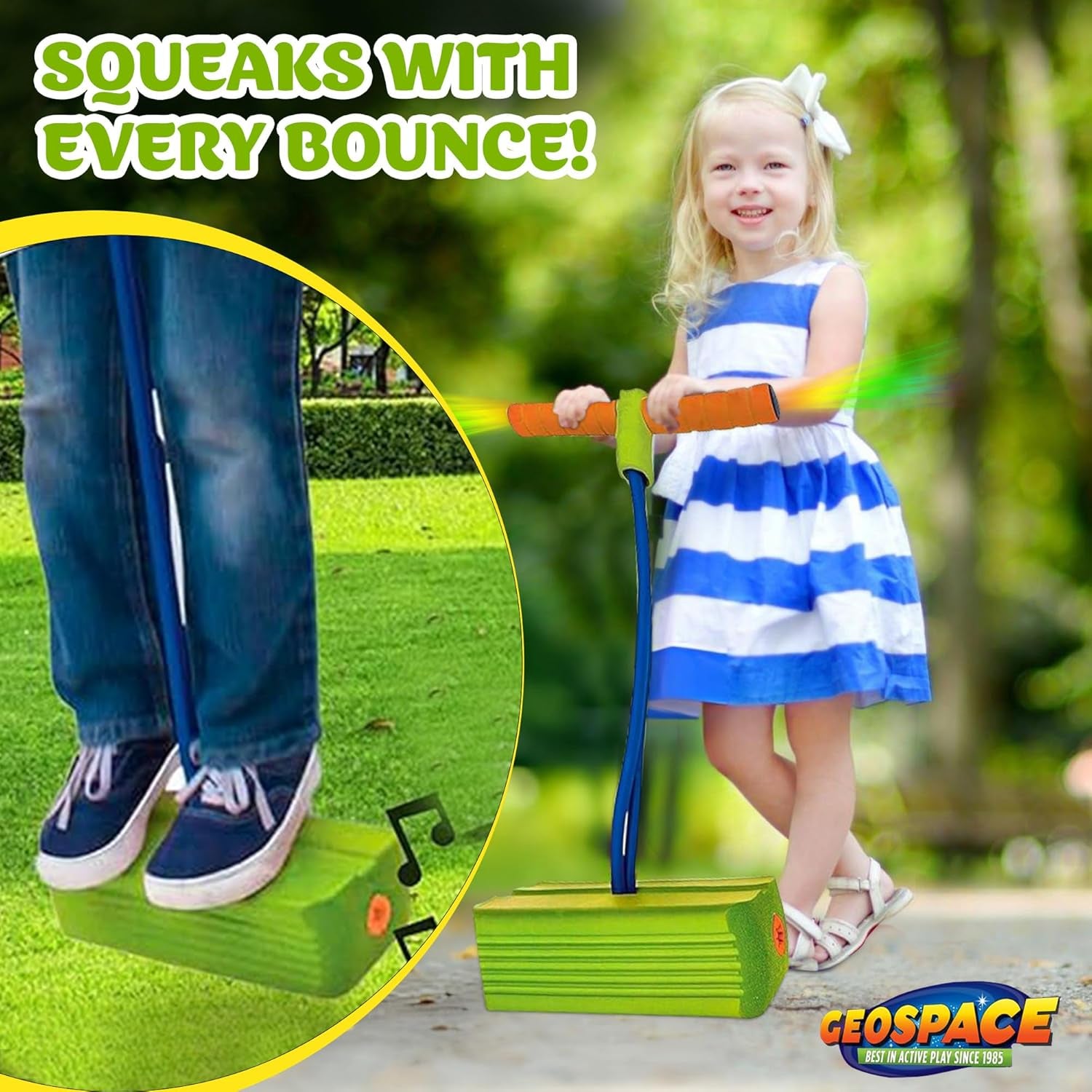 Geospace Jumparoo Deluxe LED Bungee Boing Foam Bouncing Toy - the Squeakiest, Easiest Pogo Ever! for Kids 3 Years & Up