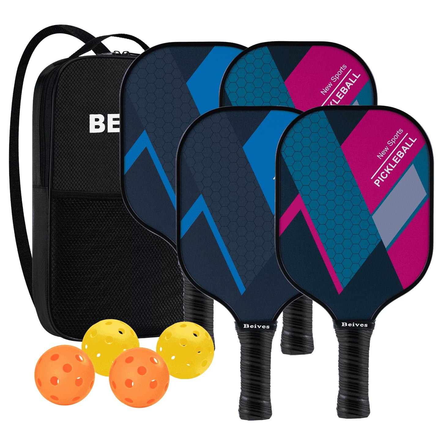 BEIVES Pickleball Paddles Set of 4 with 4 Balls & Carry Bag - Lightweight 7.9Oz Fiberglass Racket, Non-Slip Comfort Grip, for Men & Women