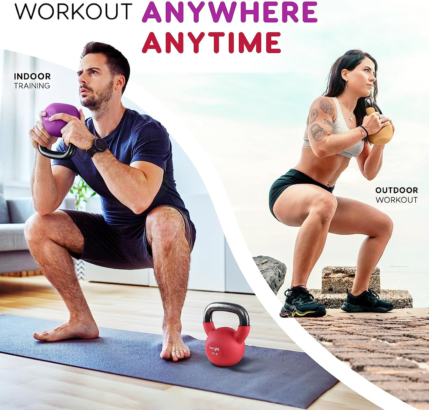 Yes4All Kettlebell, 5-65 LB Neoprene Coated Cast Iron Kettlebells, Wide Grip Handle & Flat Bottom for Swings, Squats, Deadlifts, Push Ups & Full Body Training at Home Gym - Single & Set