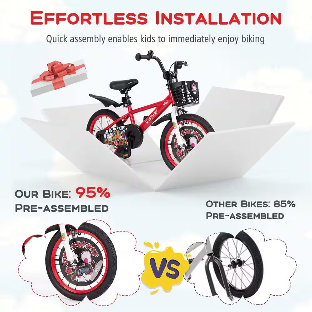 16 In. Kid'S Bike for 4-Years to 7-Years Old with Height-Adjustable Handlebar and Saddle Handbrake Red