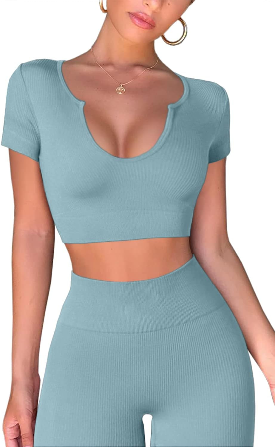 Mulisky Workout Outfits for Women 2 Piece Ribbed Seamless High Waist Yoga Pants Set Blue L