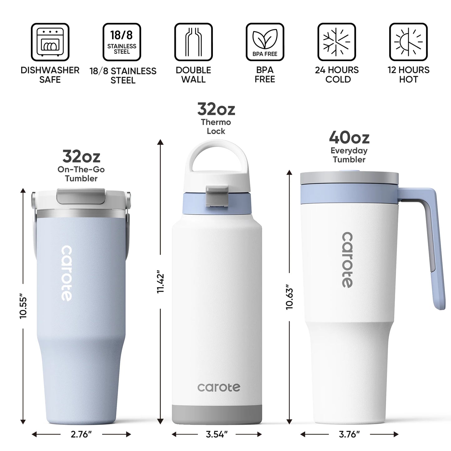 Carote 3-Piece Insulated Stainless Steel Tumbler Set, 40Oz,32Oz*2, Leak-Proof, Travel Mugs, Blue