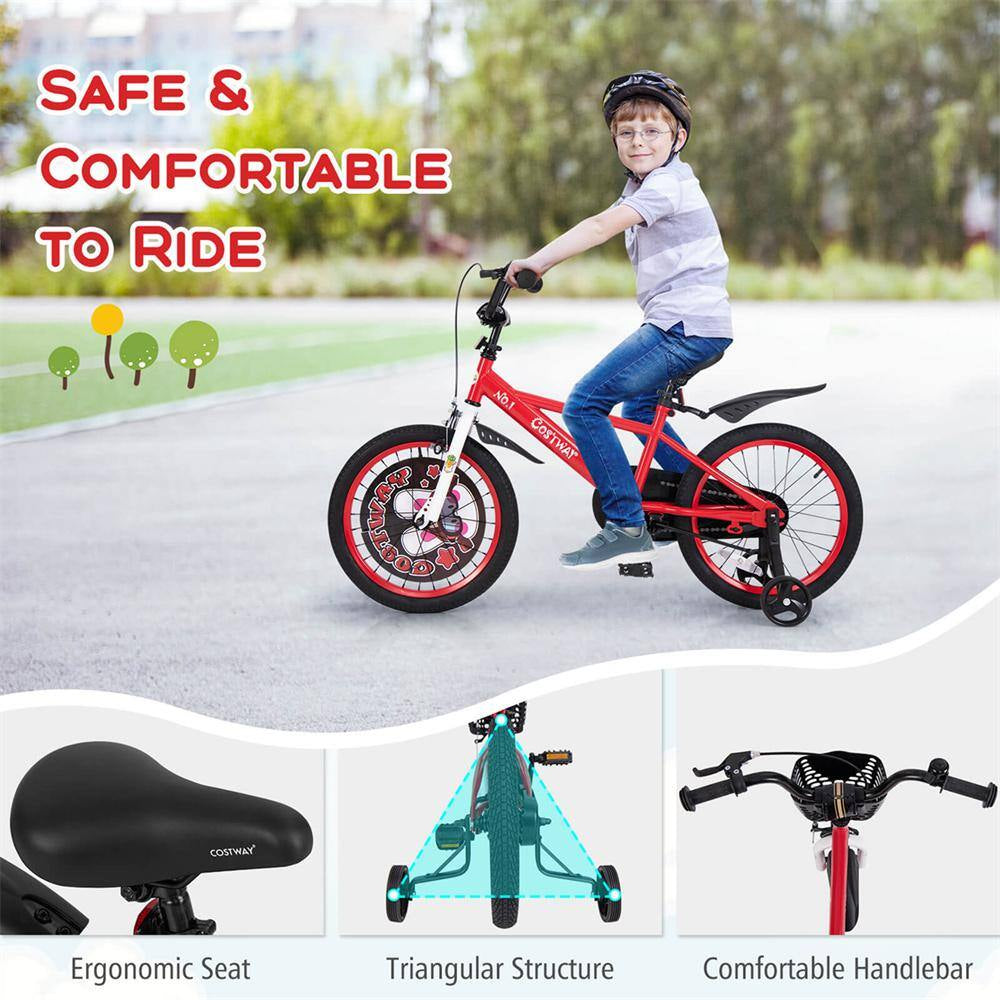 18 In. Kid'S Bike for 4-Years to 8-Years Old with Height-Adjustable Handlebar and Saddle Handbrake Red