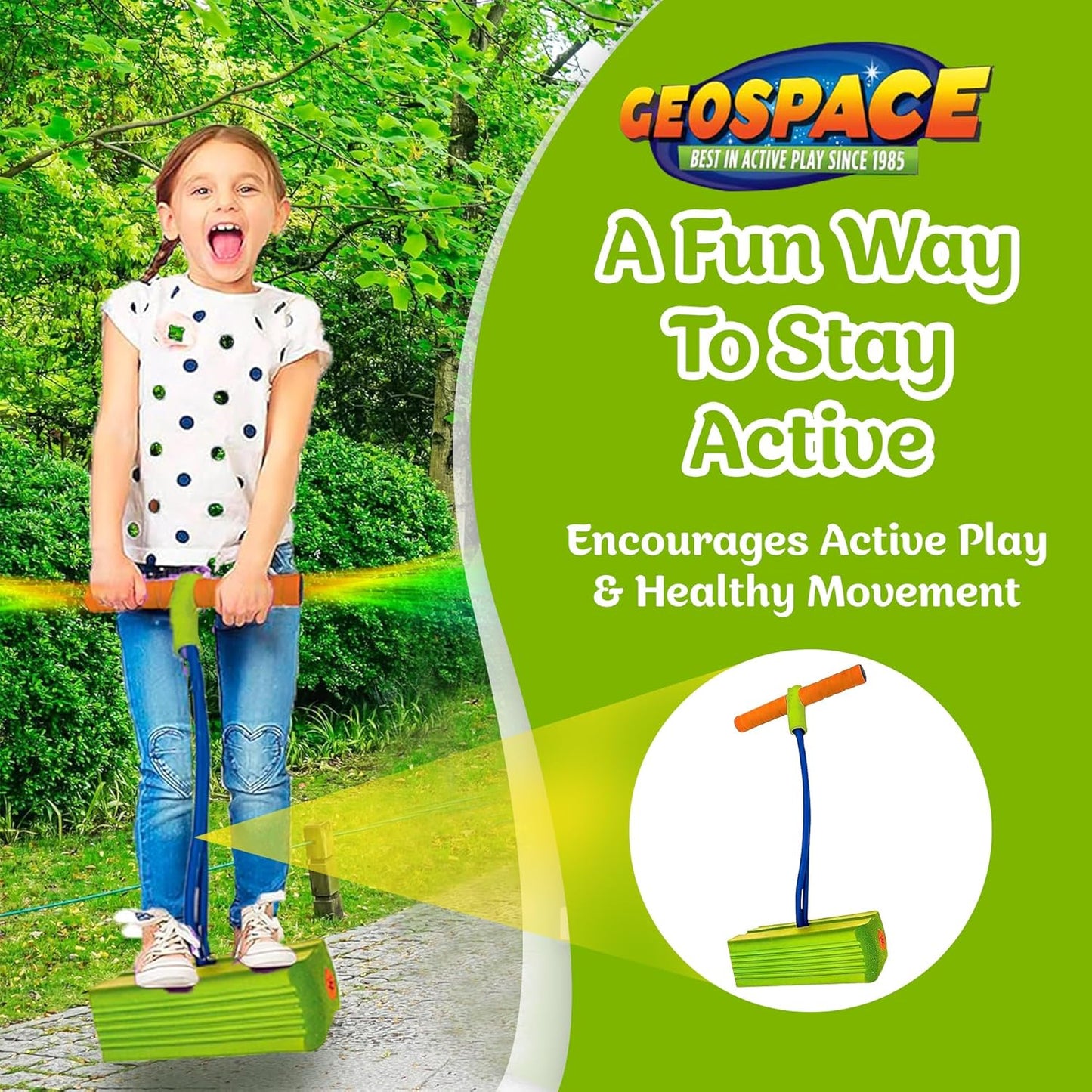 Geospace Jumparoo Deluxe LED Bungee Boing Foam Bouncing Toy - the Squeakiest, Easiest Pogo Ever! for Kids 3 Years & Up