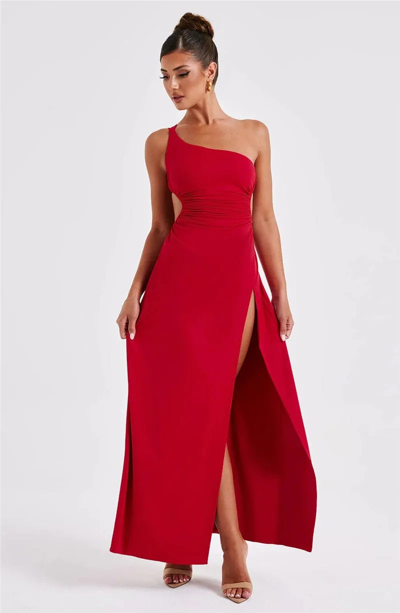 Robe maxi sexy Mozision à une épaule, col diagonal et dos nu, style peignoir, sans manches, fendue jusqu'à la cuisse.