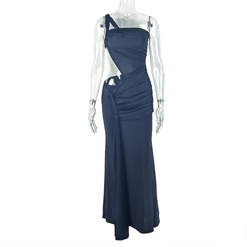 Robe longue sexy asymétrique dos nu Leosoxs, robe de plage moulante sans manches à épaules dénudées.