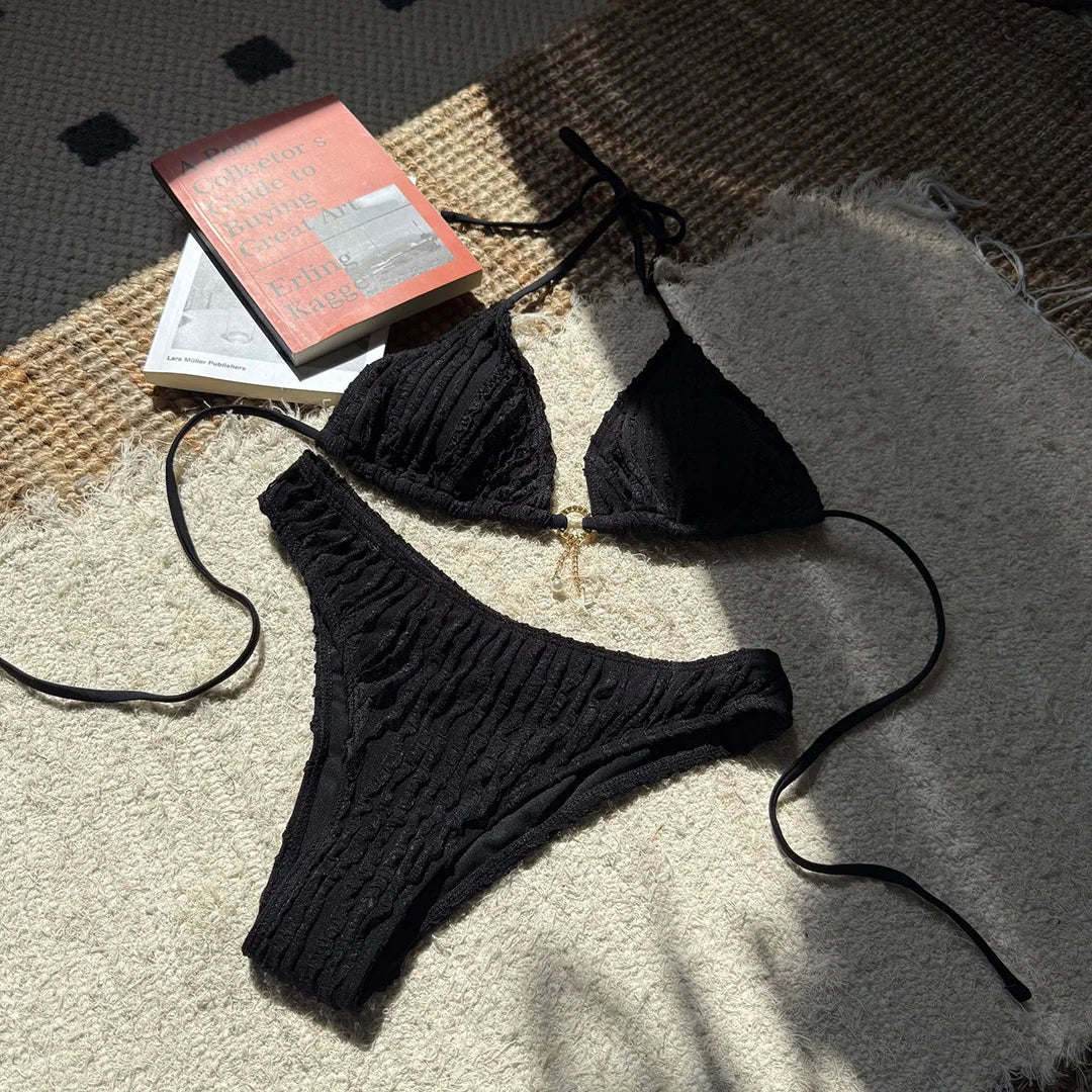 Wrinkled Halter Bikini Women Swimwear Female Swimsuit Two-pieces Bikini set Brazilian High Cut Bather Bathing Suit Swim V6209