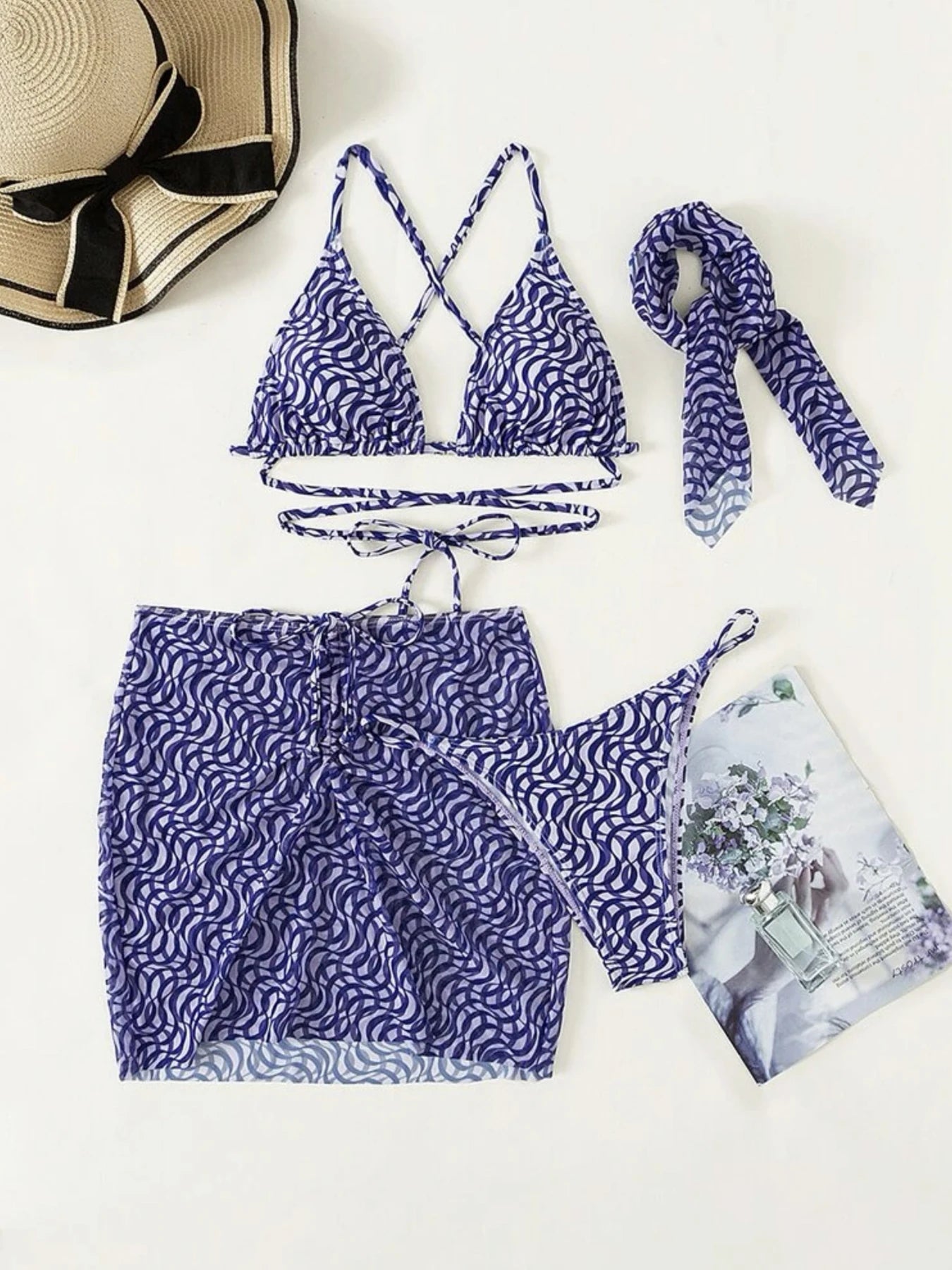 2025 New Striped Print Four Pieces Bikini Set Swimwear Women Swimsuit Female Bikini And Beach Skirt Bathing Suits Beachwear Swim