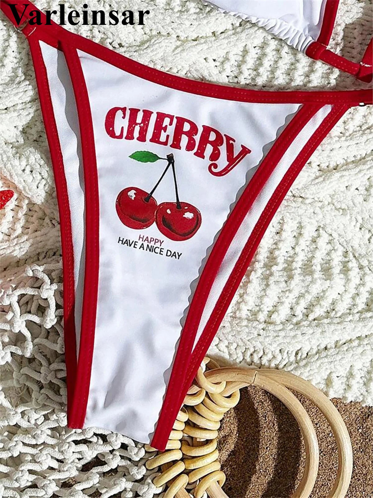 XS - L Cherry Printed Short Sleeve Bikini Female Swimsuit Women Swimwear Three-pieces Bikini set Bather Bathing Suit Swim V6854