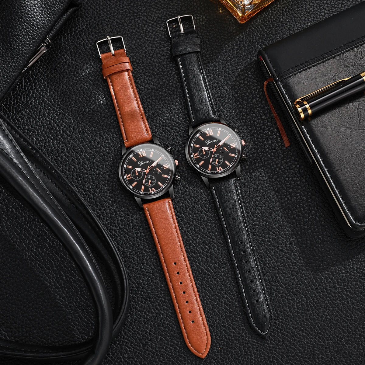 4PCs/Set Men's Watch Set Classic Unisex Fashion Casual Style Quartz Leather Watch Sport Style Business Watch Box not included
