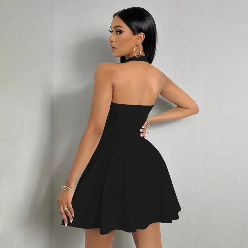 Robe Y2K sans manches, sexy et dos nu, couleur unie, col montant, coupe trapèze, grande robe évasée, mode été femme, robe cintrée à la taille