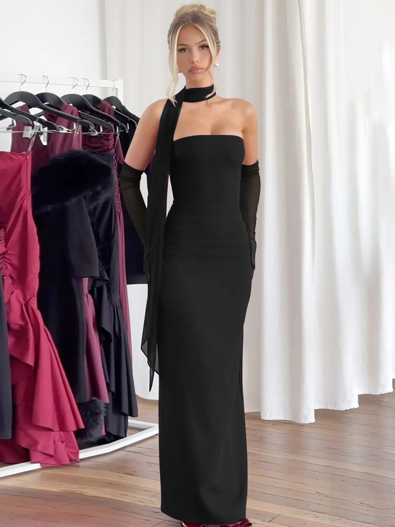 Écharpe élégante Hugcitar, sans bretelles, gants en maille unie, robe de bal maxi moulante sexy, tenues mode Y2K pour femme, mariage, fête, anniversaire