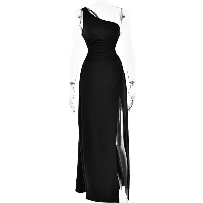 Robe maxi sexy Mozision à une épaule, col diagonal et dos nu, style peignoir, sans manches, fendue jusqu'à la cuisse.