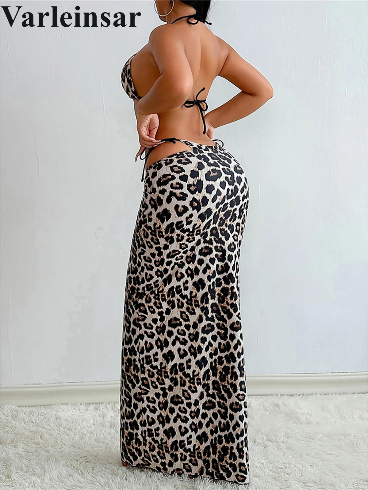 XS - L Leopard Halter Bikini Women Swimwear Female Swimsuit Three-pieces Bikini set With Long Skirt Bather Bathing Suit V6160