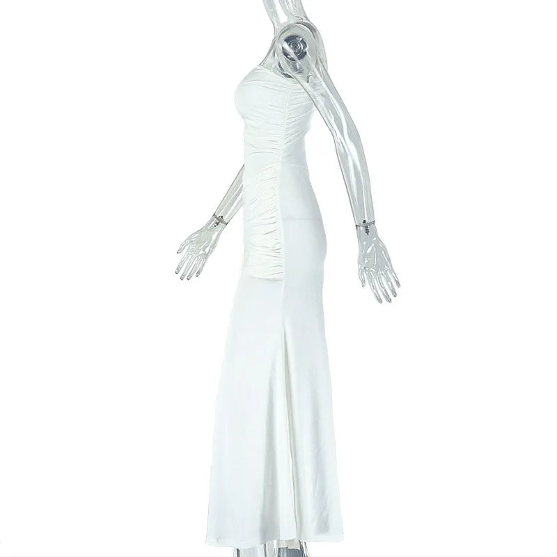 Robe longue sexy asymétrique dos nu Leosoxs, robe de plage moulante sans manches à épaules dénudées.