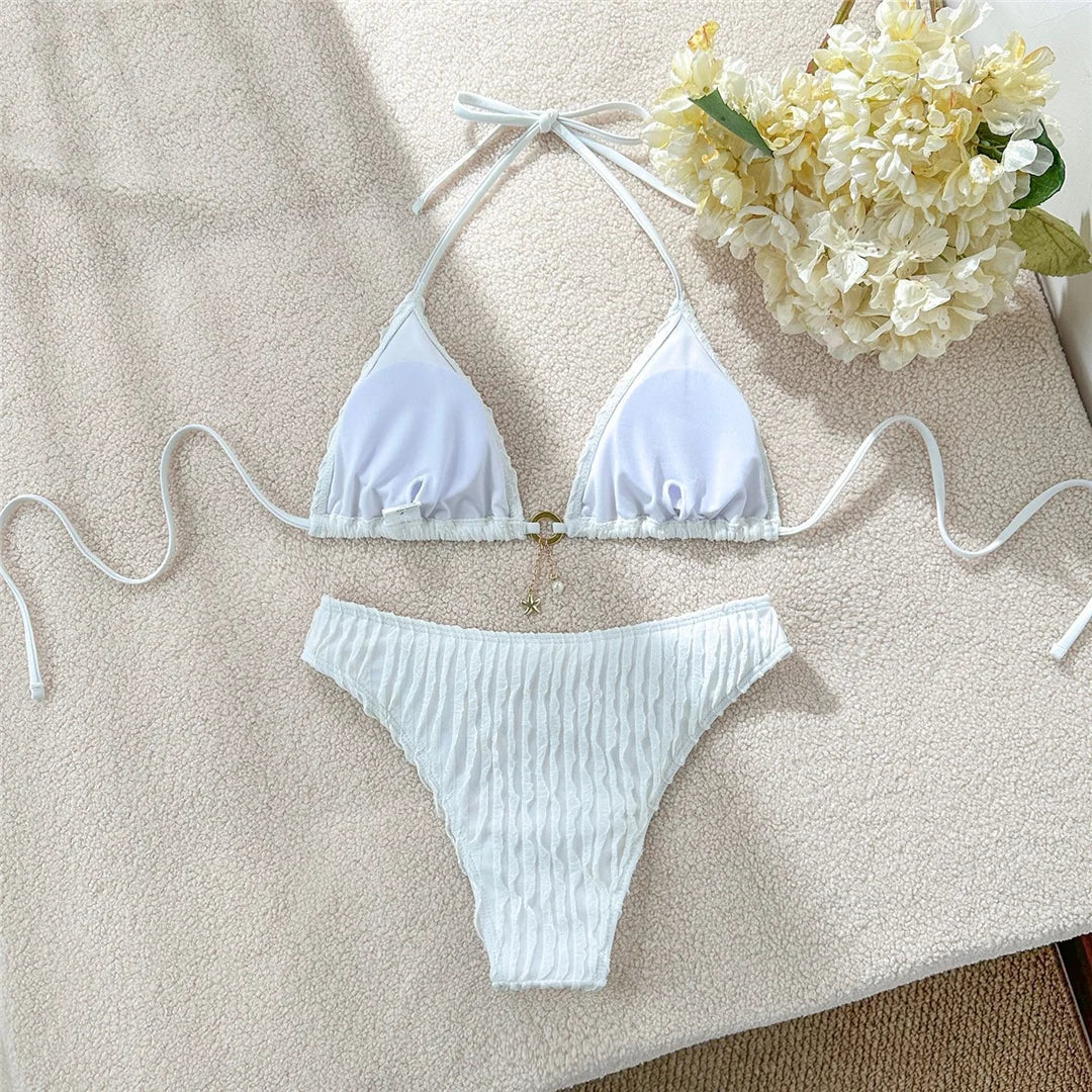 Wrinkled Halter Bikini Women Swimwear Female Swimsuit Two-pieces Bikini set Brazilian High Cut Bather Bathing Suit Swim V6209