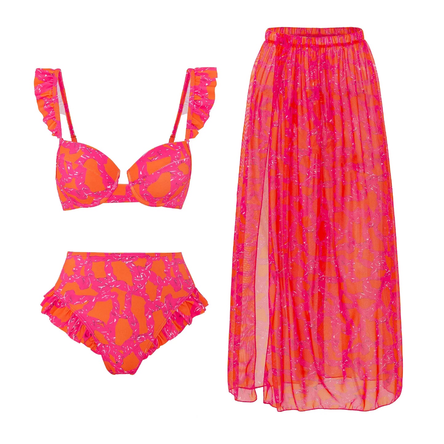 2023 Push up Fashion Printed Floral Ruffle Bikini Set Swimsuit with Beach Skirt Cover Up Bathing Suit for Women Swimwear