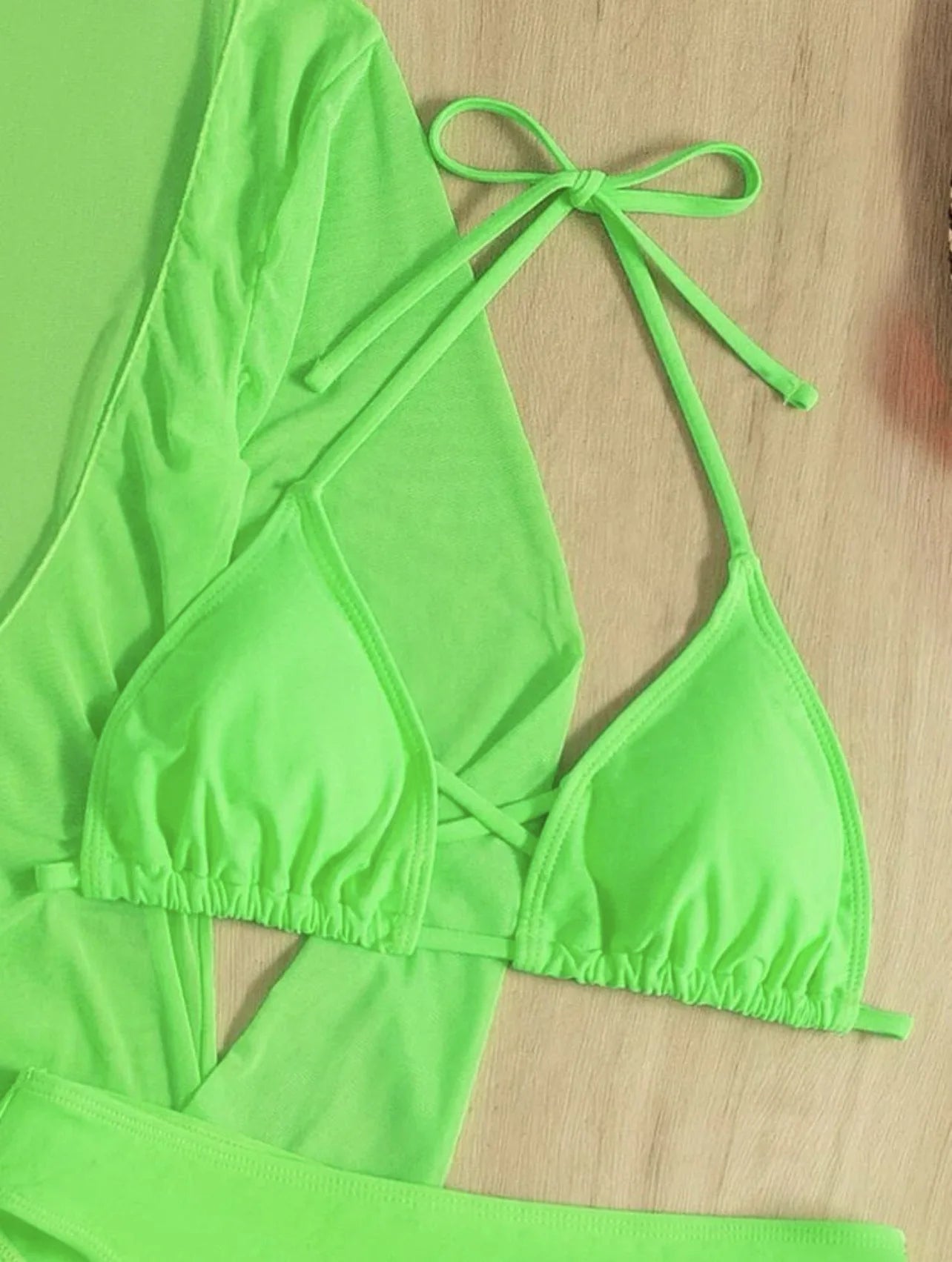 Long Sleeves Dress Bikini Set 2025 Women Neon Green Lace Up 3 Pieces Swimsuit Brazilian Bathing Suit Pleate Cover Up Swimwear