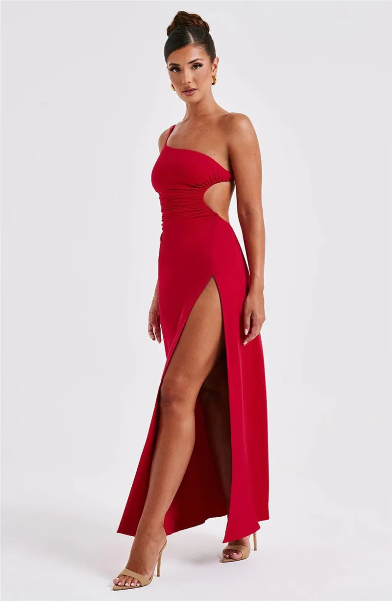 Robe maxi sexy Mozision à une épaule, col diagonal et dos nu, style peignoir, sans manches, fendue jusqu'à la cuisse.