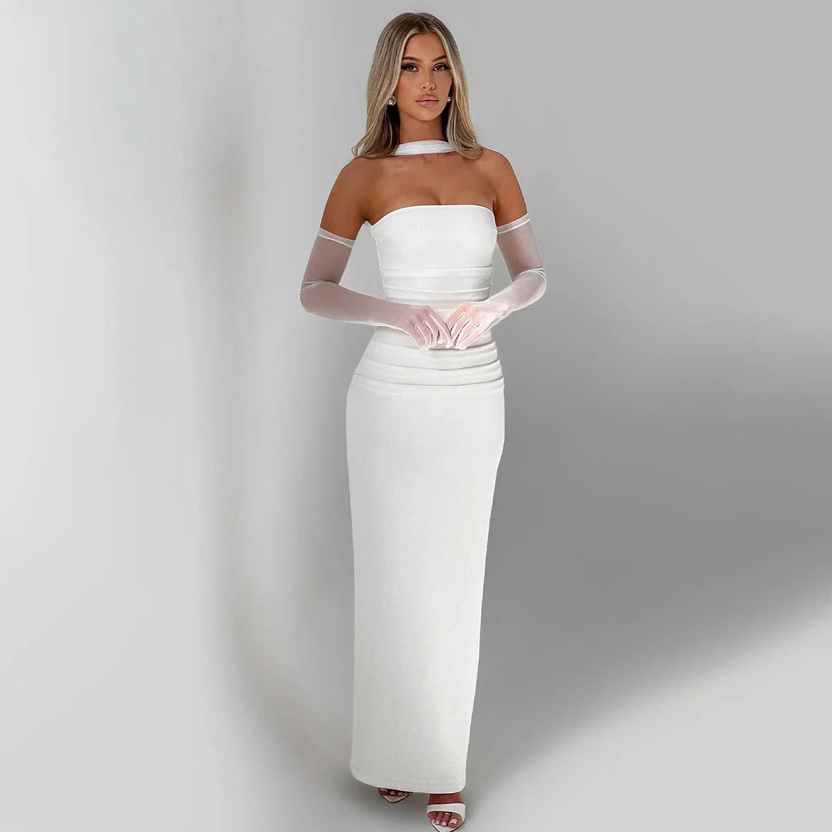 Écharpe élégante Hugcitar, sans bretelles, gants en maille unie, robe de bal maxi moulante sexy, tenues mode Y2K pour femme, mariage, fête, anniversaire