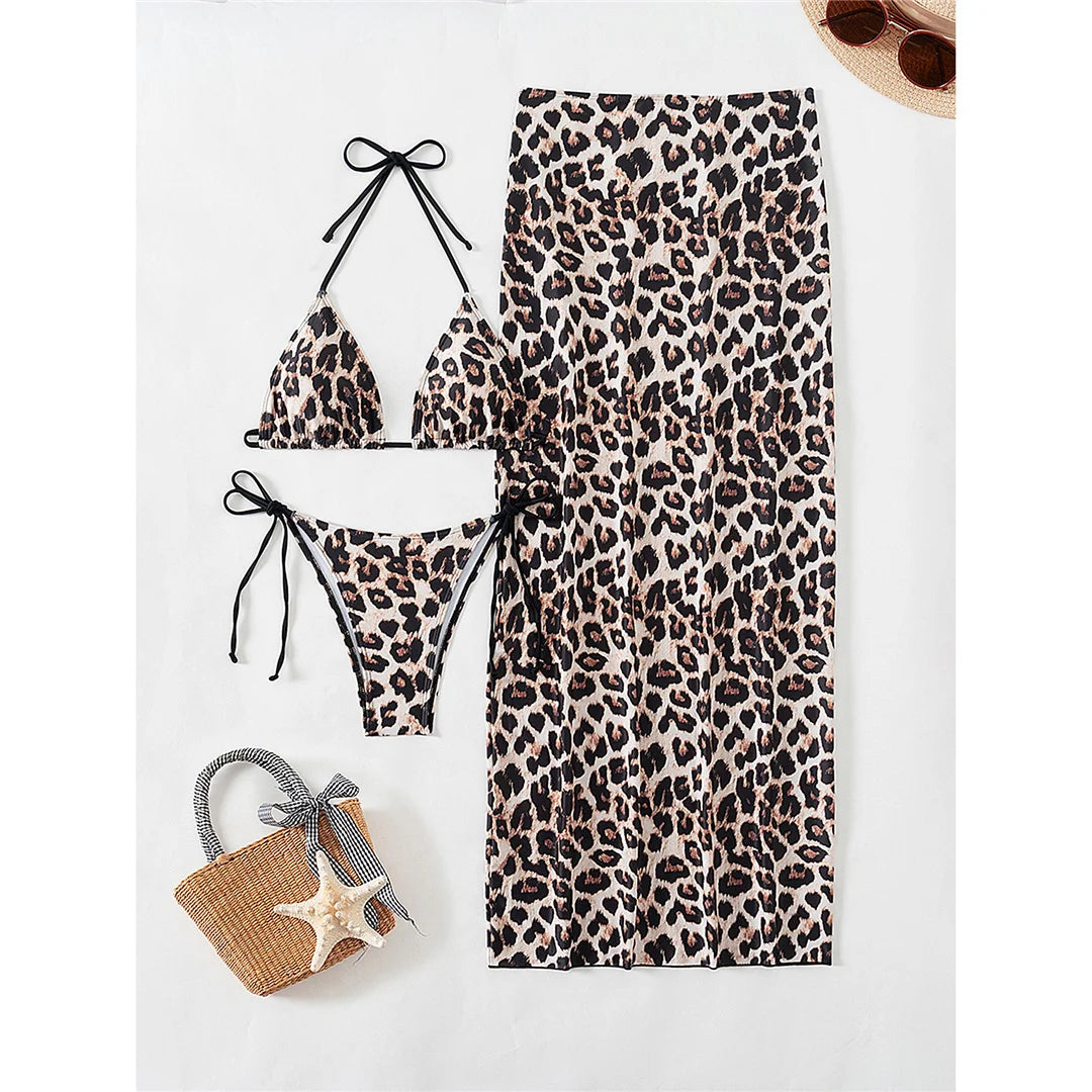 XS - L Leopard Halter Bikini Women Swimwear Female Swimsuit Three-pieces Bikini set With Long Skirt Bather Bathing Suit V6160