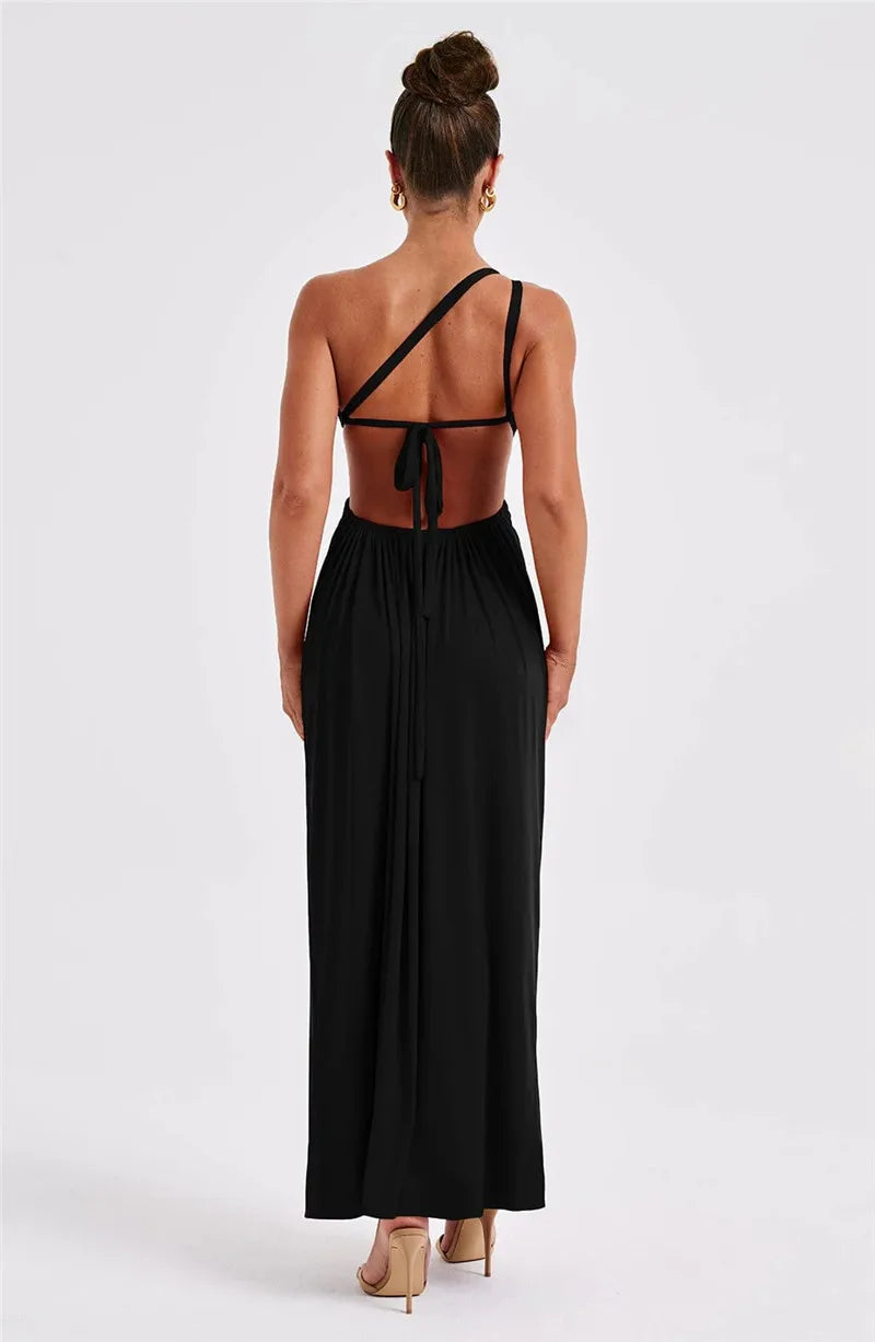 Robe maxi sexy Mozision à une épaule, col diagonal et dos nu, style peignoir, sans manches, fendue jusqu'à la cuisse.