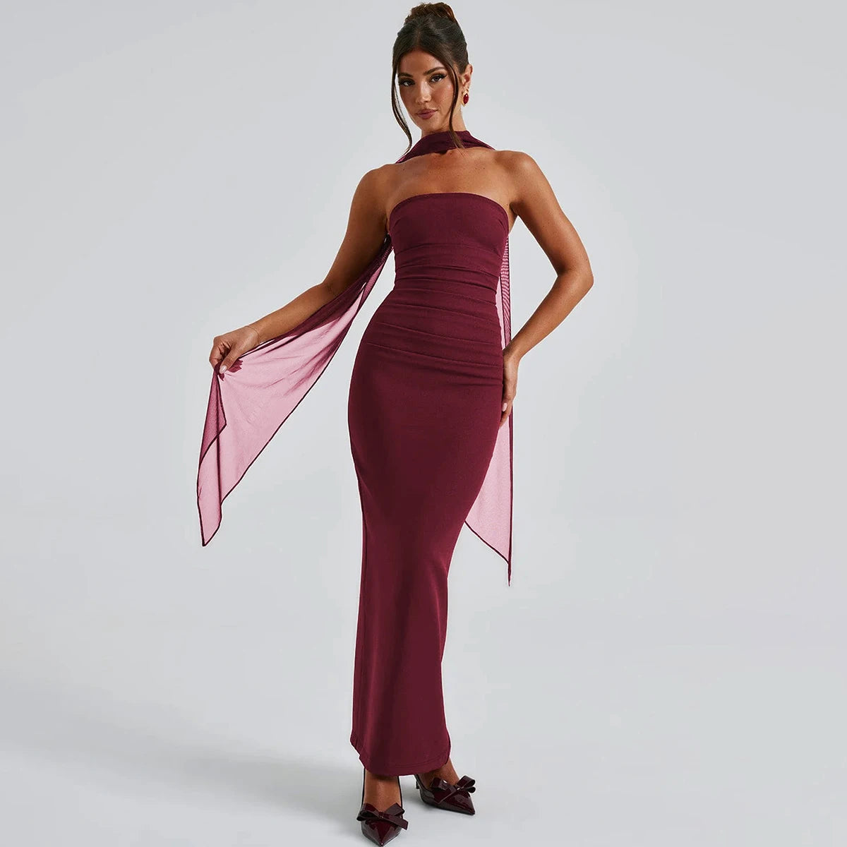 Écharpe élégante Hugcitar, sans bretelles, gants en maille unie, robe de bal maxi moulante sexy, tenues mode Y2K pour femme, mariage, fête, anniversaire