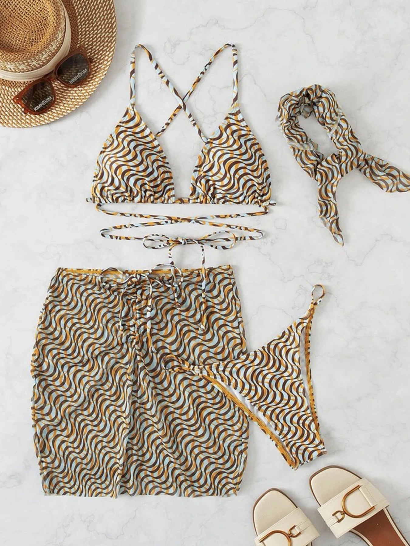 2025 New Striped Print Four Pieces Bikini Set Swimwear Women Swimsuit Female Bikini And Beach Skirt Bathing Suits Beachwear Swim