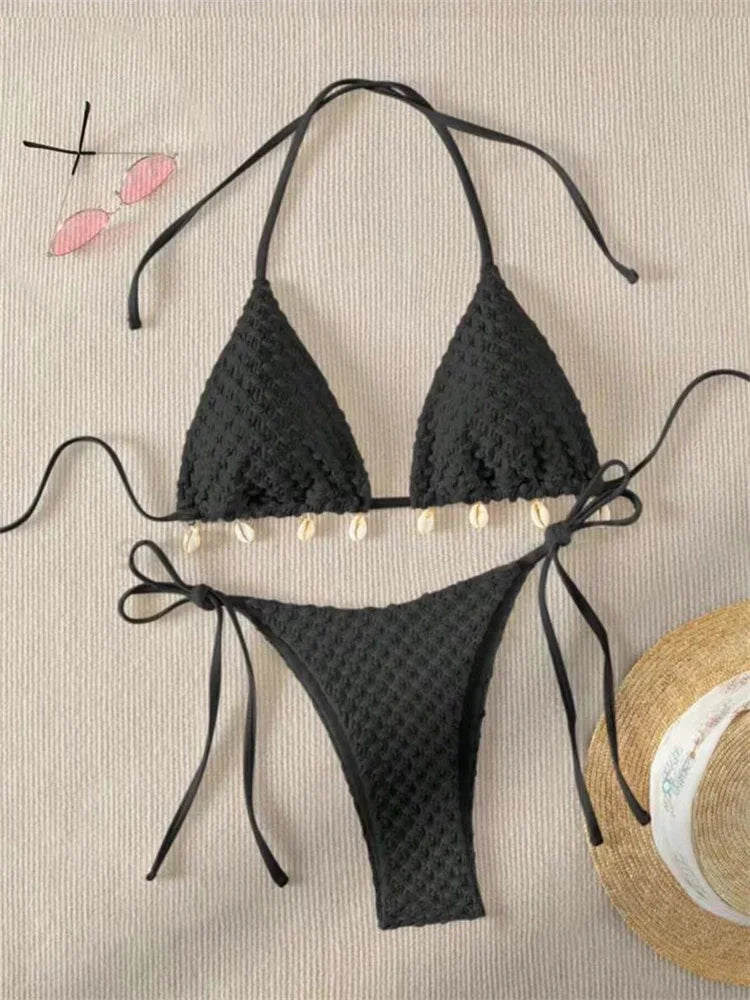 Sexy Bikini Set Shell Designer Swimsuit 2025 White Black Push Up Micro Bikinis Summer Bathing Suit Tie Side Triangle Swimwear
