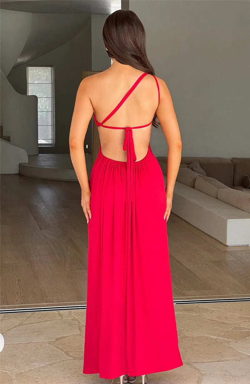 Robe maxi sexy Mozision à une épaule, col diagonal et dos nu, style peignoir, sans manches, fendue jusqu'à la cuisse.