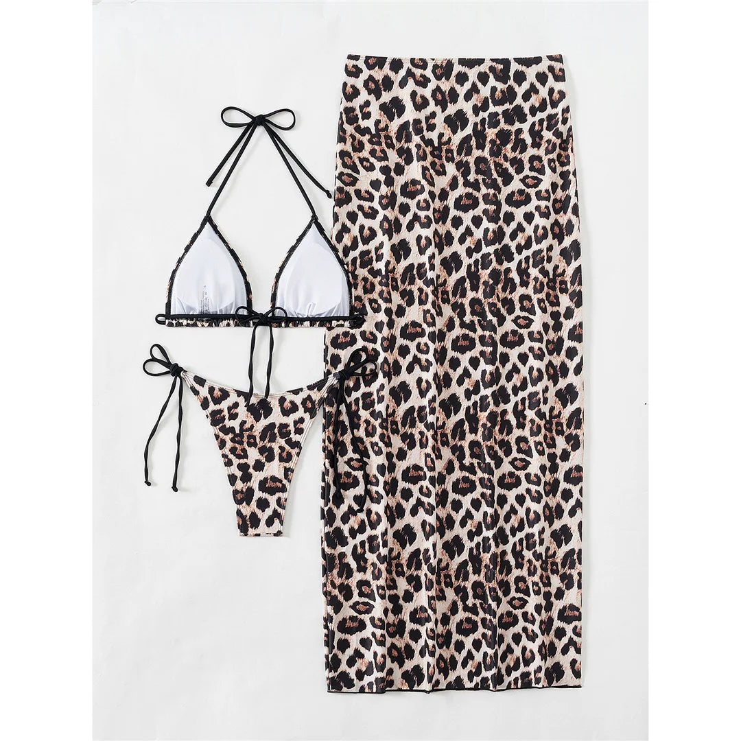 XS - L Leopard Halter Bikini Women Swimwear Female Swimsuit Three-pieces Bikini set With Long Skirt Bather Bathing Suit V6160