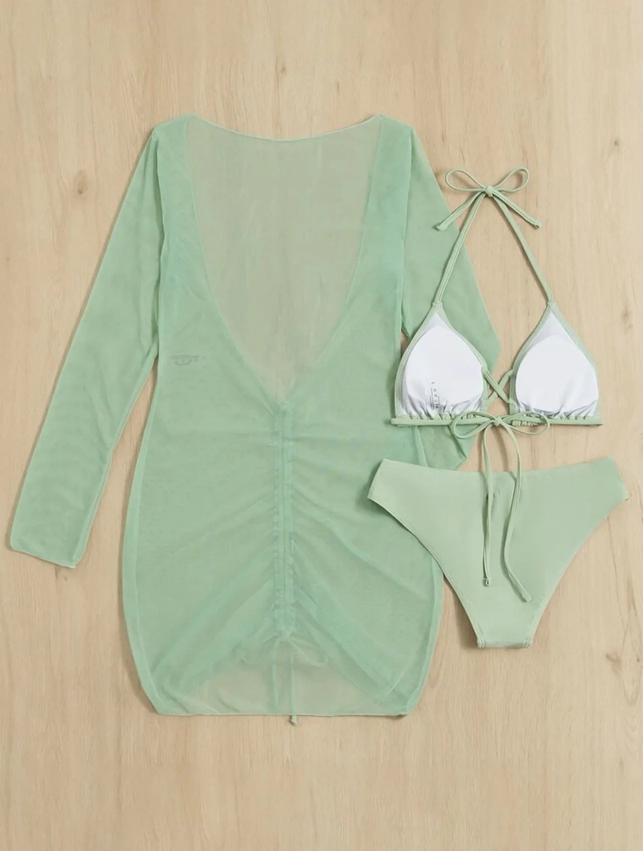 Long Sleeves Dress Bikini Set 2025 Women Neon Green Lace Up 3 Pieces Swimsuit Brazilian Bathing Suit Pleate Cover Up Swimwear